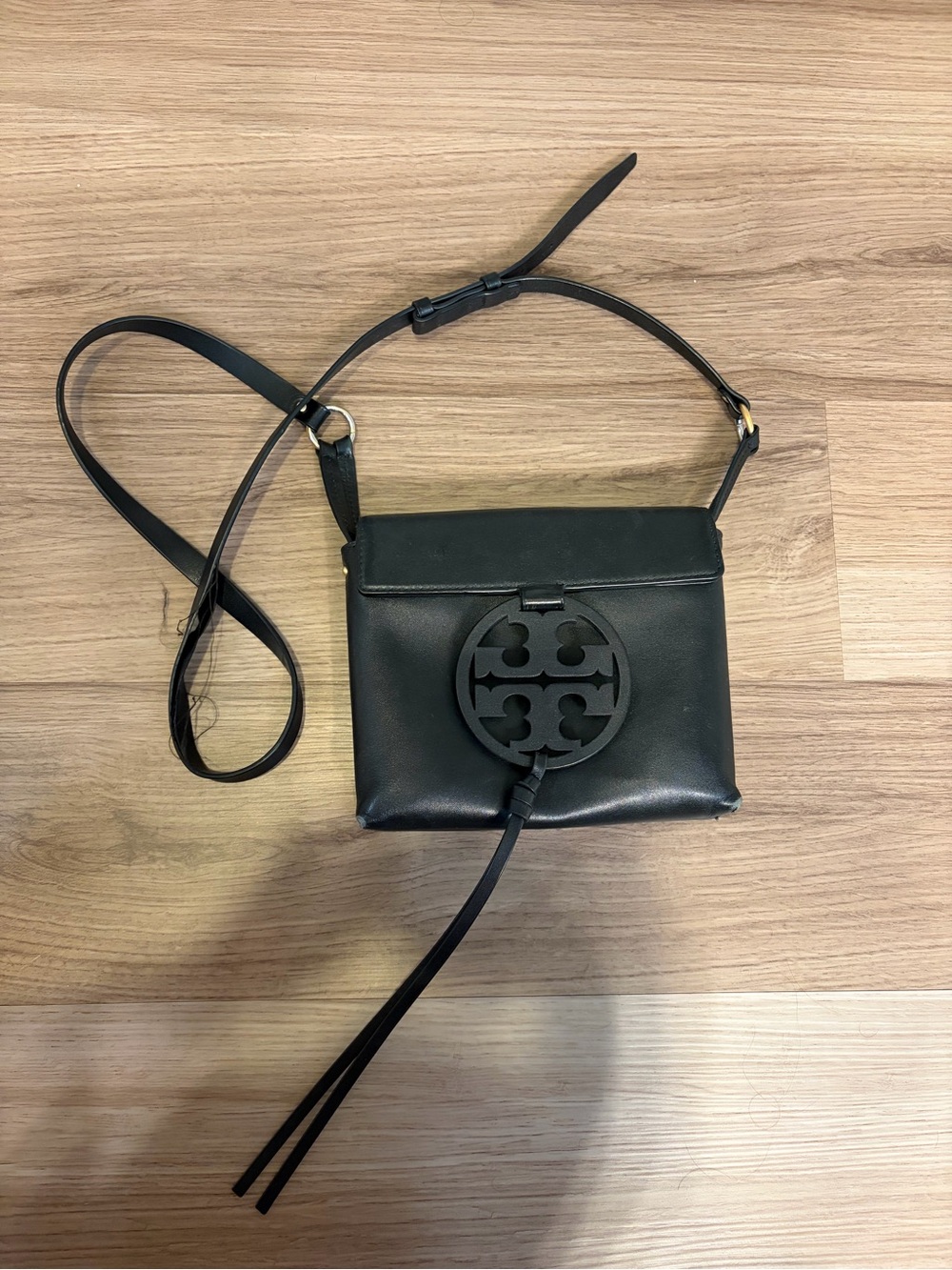 Tory Burch Black Leather Logo Circle Crossbody Bag
